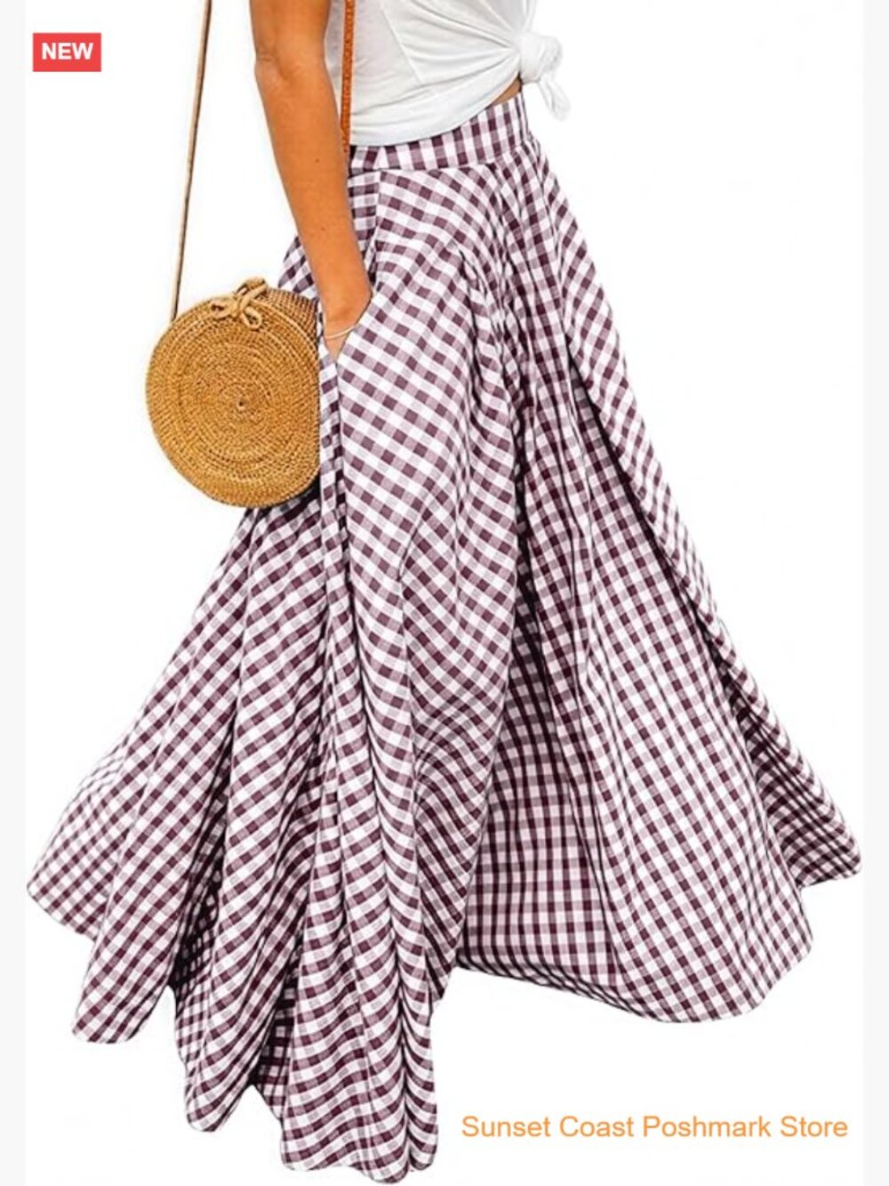 High Waisted Flowy A-Line Maxi Skirt Gingham Ruffled Pleated Skirt